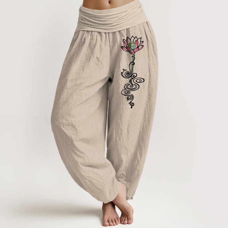 Pantaloni harem da donna con elastico in vita, in puro cotone, con motivo a fiori di loto, motivo Buddha Stones - Abbronzatura - US16, UK/AU20, EU48 (3XL) - image 11