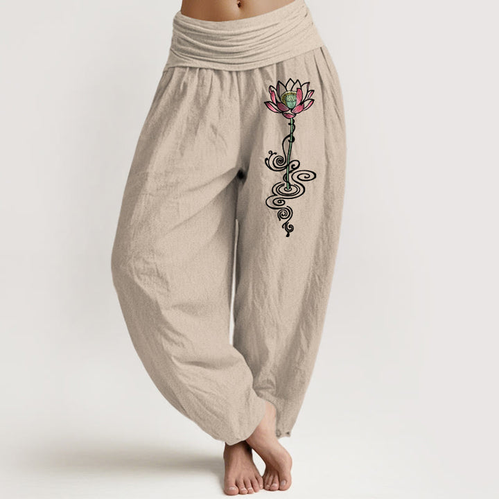 Pantaloni harem da donna con elastico in vita, in puro cotone, con motivo a fiori di loto, motivo Buddha Stones - Abbronzatura - US16, UK/AU20, EU48 (3XL) - image 11