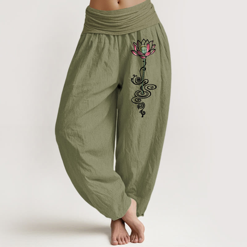 Pantaloni harem da donna con elastico in vita, in puro cotone, con motivo a fiori di loto, motivo Buddha Stones - Verde oliva - US16, UK/AU20, EU48 (3XL) - image 14
