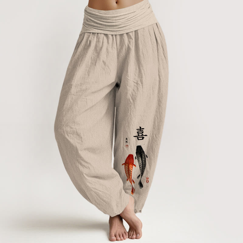 Pantaloni harem da donna con elastico in vita, in puro cotone, con motivo a pesci koi e caratteri cinesi, modello Buddha Stones - Abbronzatura - US16, UK/AU20, EU48 (3XL) - image 0