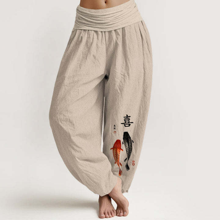 Pantaloni harem da donna con elastico in vita, in puro cotone, con motivo a pesci koi e caratteri cinesi, modello Buddha Stones - Abbronzatura - US16, UK/AU20, EU48 (3XL) - image 0