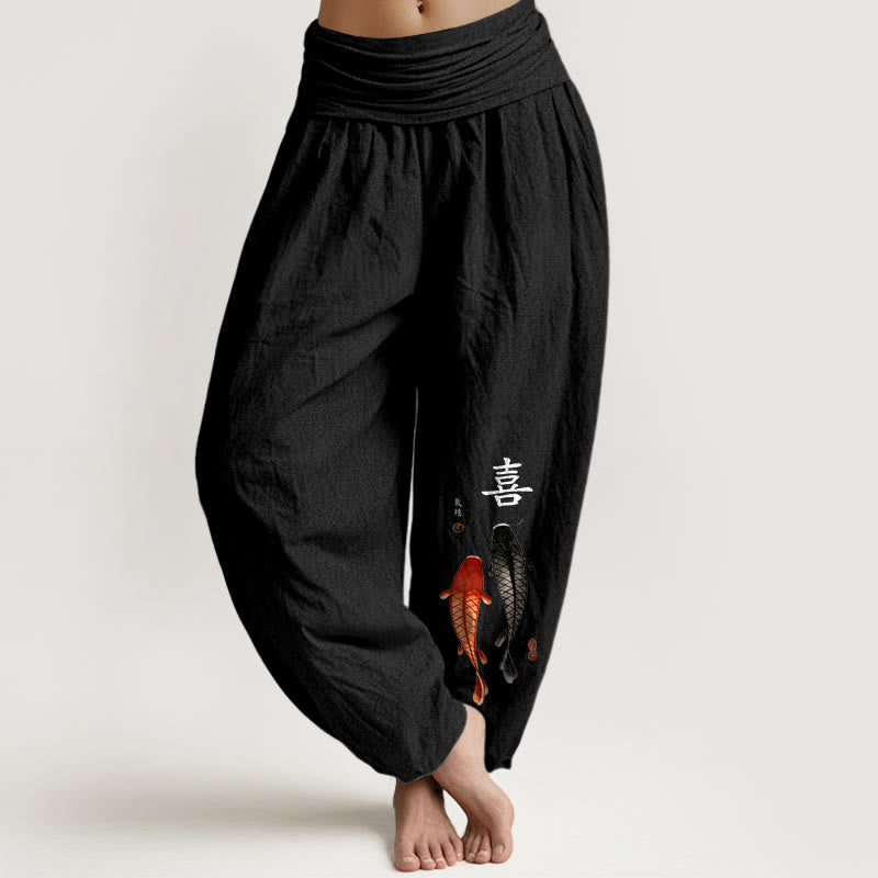 Pantaloni harem da donna con elastico in vita, in puro cotone, con motivo a pesci koi e caratteri cinesi, modello Buddha Stones - Nero - US16, UK/AU20, EU48 (3XL) - image 5