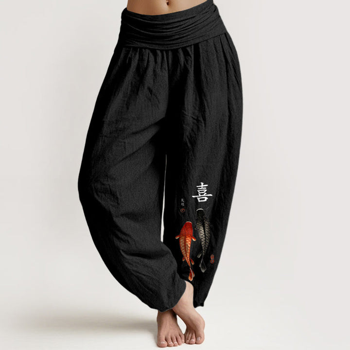 Pantaloni harem da donna con elastico in vita, in puro cotone, con motivo a pesci koi e caratteri cinesi, modello Buddha Stones - Nero - US16, UK/AU20, EU48 (3XL) - image 5