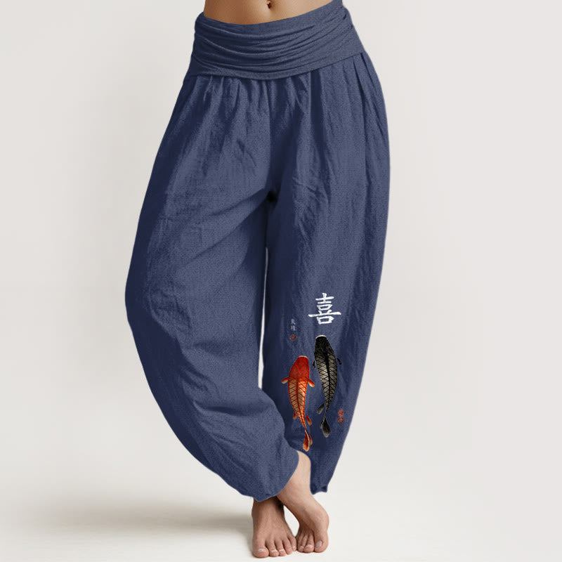 Pantaloni harem da donna con elastico in vita, in puro cotone, con motivo a pesci koi e caratteri cinesi, modello Buddha Stones - DarkSlateBlue - US16, UK/AU20, EU48 (3XL) - image 8