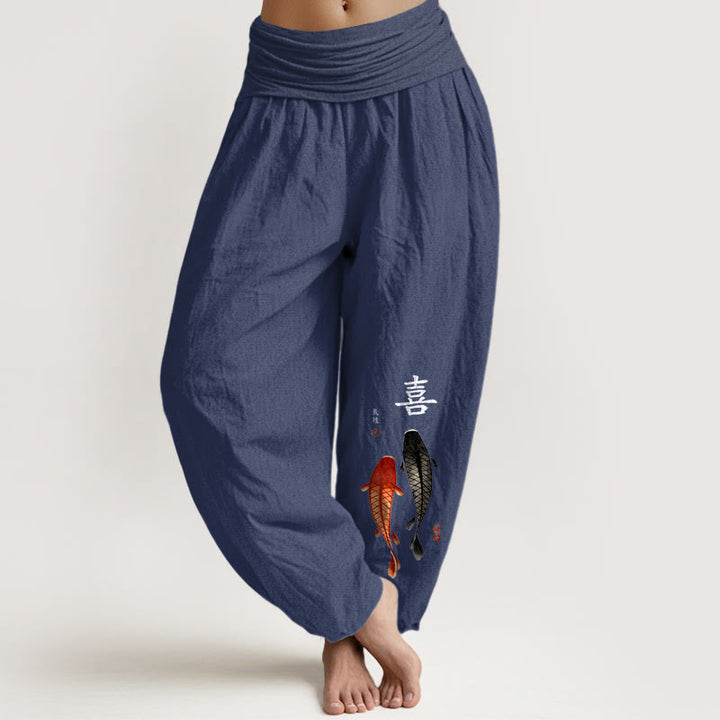 Pantaloni harem da donna con elastico in vita, in puro cotone, con motivo a pesci koi e caratteri cinesi, modello Buddha Stones - DarkSlateBlue - US16, UK/AU20, EU48 (3XL) - image 8