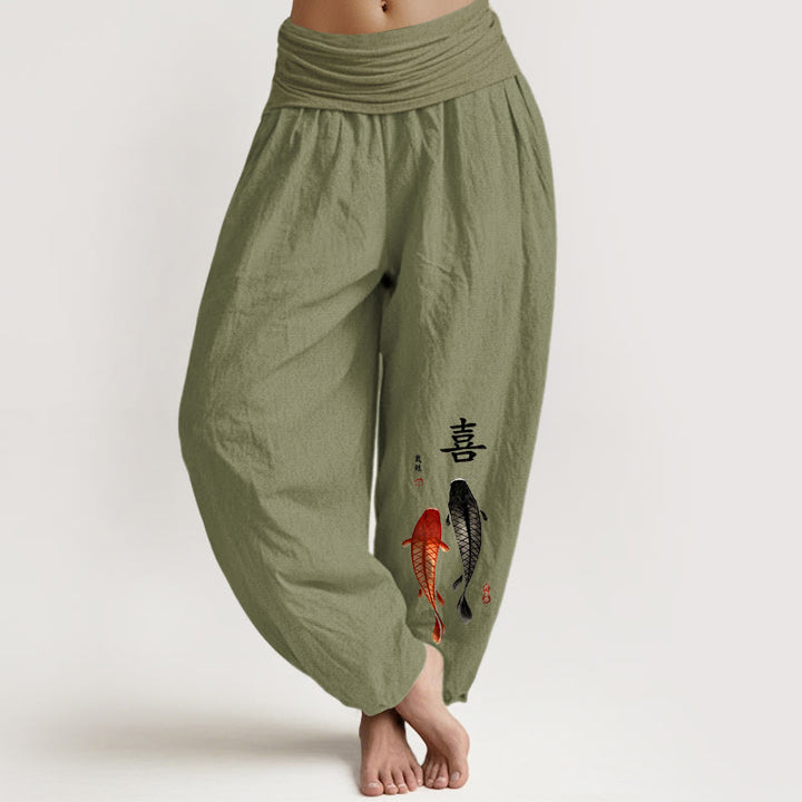 Pantaloni harem da donna con elastico in vita, in puro cotone, con motivo a pesci koi e caratteri cinesi, modello Buddha Stones - Verde oliva - US16, UK/AU20, EU48 (3XL) - image 14