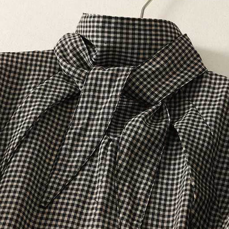 Abito midi a maniche lunghe con tasche, collo alto, motivo scozzese bianco e nero Buddha Stones - image 2