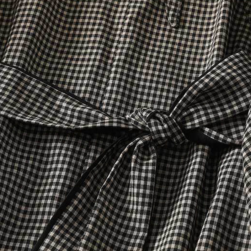 Abito midi a maniche lunghe con tasche, collo alto, motivo scozzese bianco e nero Buddha Stones - image 4