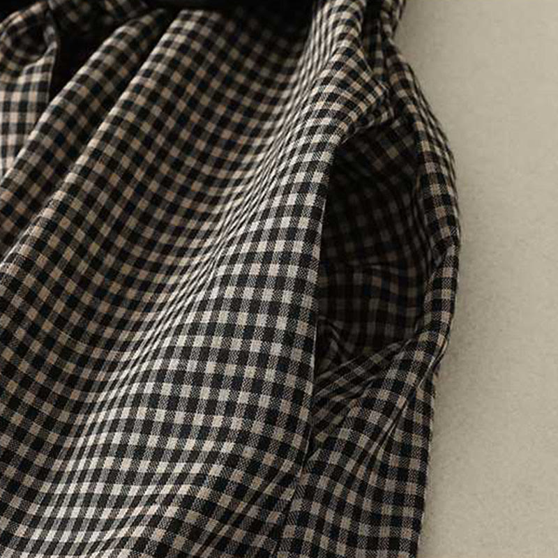 Abito midi a maniche lunghe con tasche, collo alto, motivo scozzese bianco e nero Buddha Stones - image 5