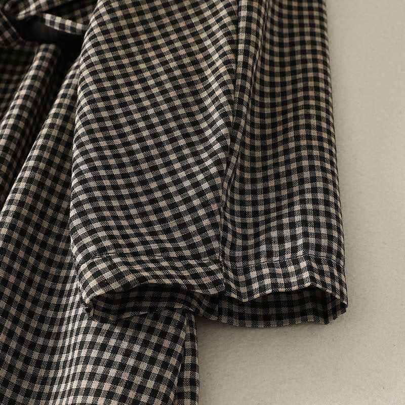 Abito midi a maniche lunghe con tasche, collo alto, motivo scozzese bianco e nero Buddha Stones - image 6