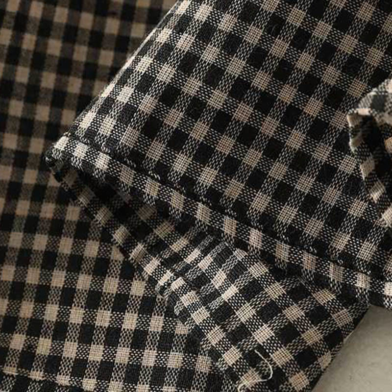 Abito midi a maniche lunghe con tasche, collo alto, motivo scozzese bianco e nero Buddha Stones - image 9