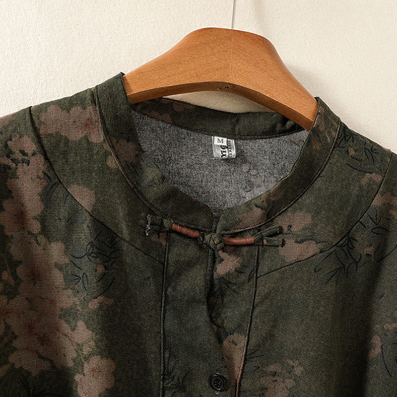 Abito midi a maniche lunghe con tasche, motivo stampato a fiori casual Buddha Stones e bottoni - image 1