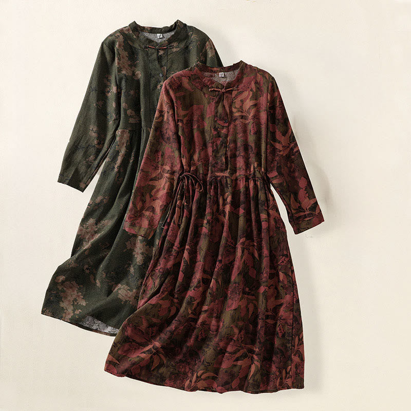 Abito midi a maniche lunghe con tasche, motivo stampato a fiori casual Buddha Stones e bottoni - image 18