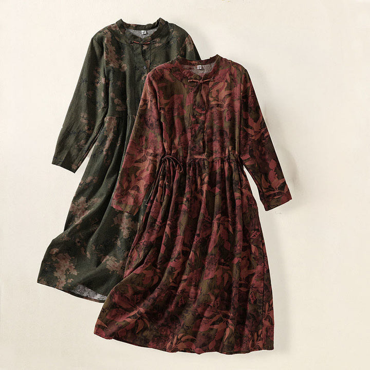 Abito midi a maniche lunghe con tasche, motivo stampato a fiori casual Buddha Stones e bottoni - image 18