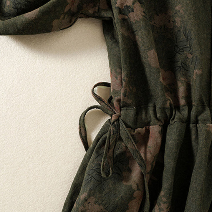 Abito midi a maniche lunghe con tasche, motivo stampato a fiori casual Buddha Stones e bottoni - image 3