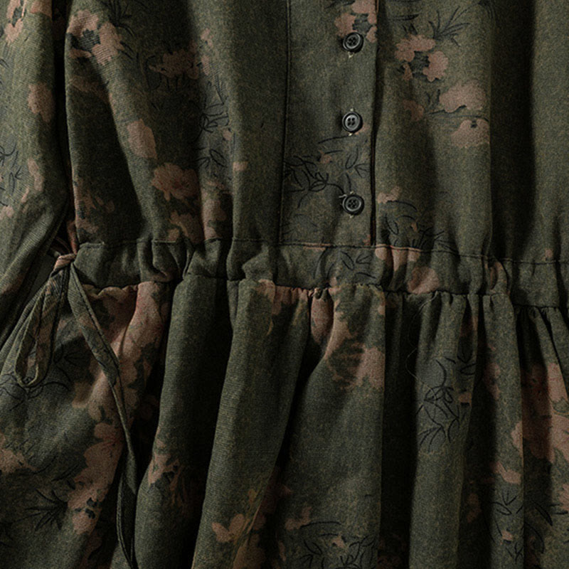 Abito midi a maniche lunghe con tasche, motivo stampato a fiori casual Buddha Stones e bottoni - image 5