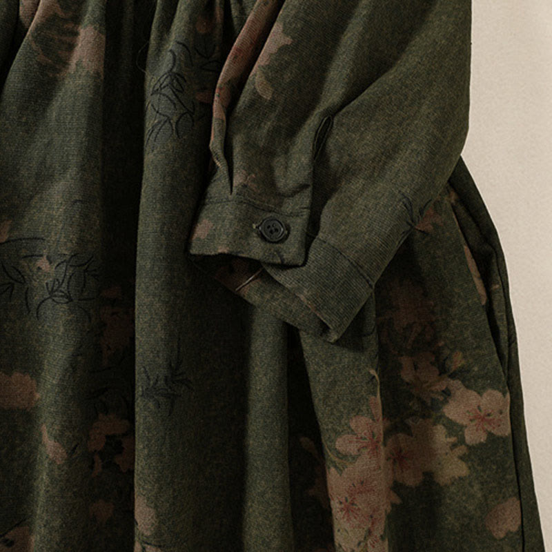 Abito midi a maniche lunghe con tasche, motivo stampato a fiori casual Buddha Stones e bottoni - image 4