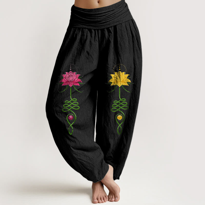 Pantaloni harem da donna con elastico in vita, in puro cotone, con motivo a fiori di loto e contrasto di colore forte, motivo Buddha Stones - Nero - US16, UK/AU20, EU48 (3XL) - image 0
