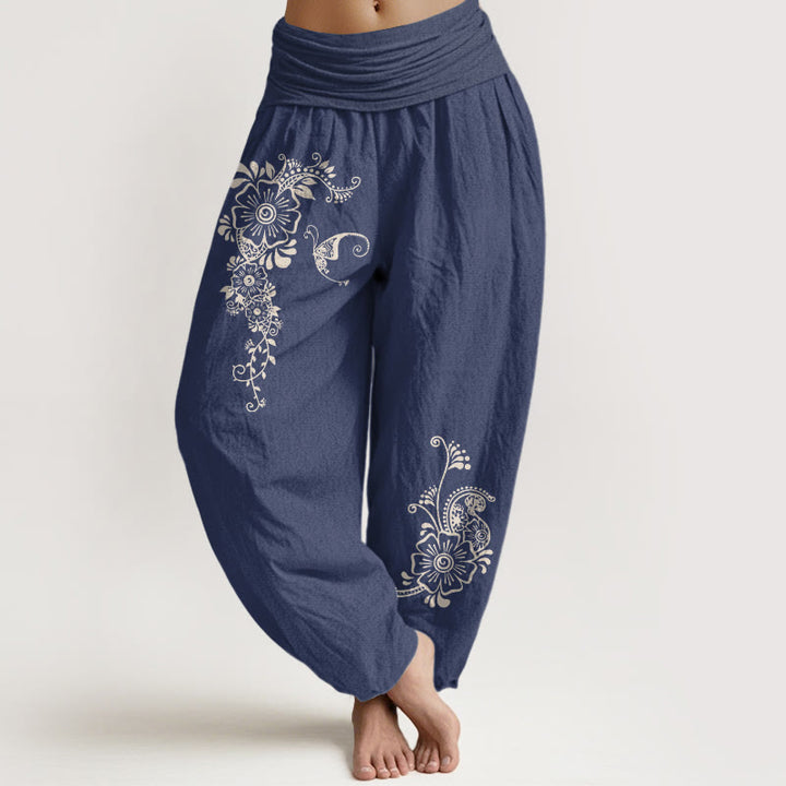 Pantaloni harem da donna con elastico in vita, modello semplice ed elegante a forma di fiore e farfalla, in puro cotone , Buddha Stones - DarkSlateBlue - US16, UK/AU20, EU48 (3XL) - image 0