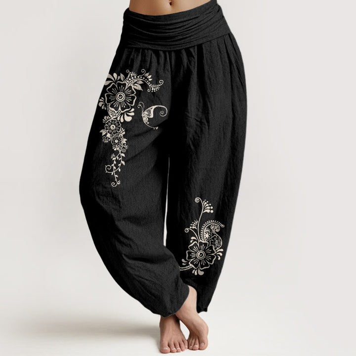Pantaloni harem da donna con elastico in vita, modello semplice ed elegante a forma di fiore e farfalla, in puro cotone , Buddha Stones - Nero - US16, UK/AU20, EU48 (3XL) - image 5