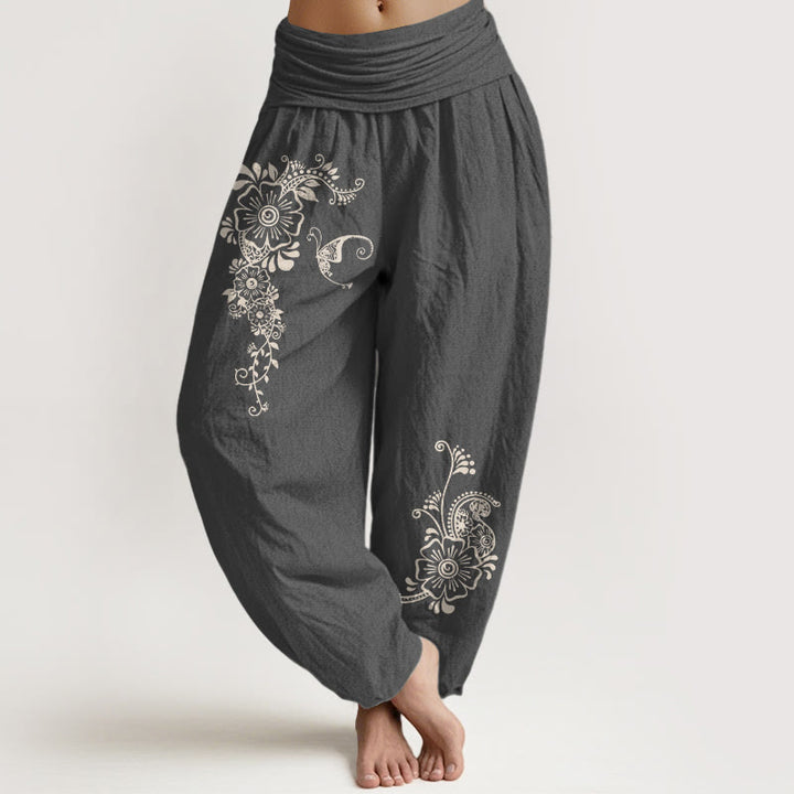 Pantaloni harem da donna con elastico in vita, modello semplice ed elegante a forma di fiore e farfalla, in puro cotone , Buddha Stones - Grigio scuro - US16, UK/AU20, EU48 (3XL) - image 8