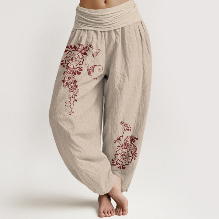 Pantaloni harem da donna con elastico in vita, modello semplice ed elegante a forma di fiore e farfalla, in puro cotone , Buddha Stones - Abbronzatura - US16, UK/AU20, EU48 (3XL) - image 11