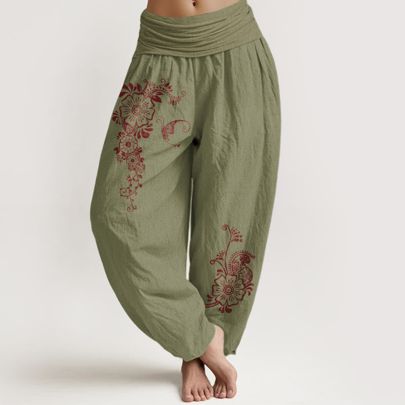 Pantaloni harem da donna con elastico in vita, modello semplice ed elegante a forma di fiore e farfalla, in puro cotone , Buddha Stones - Verde oliva - US16, UK/AU20, EU48 (3XL) - image 14