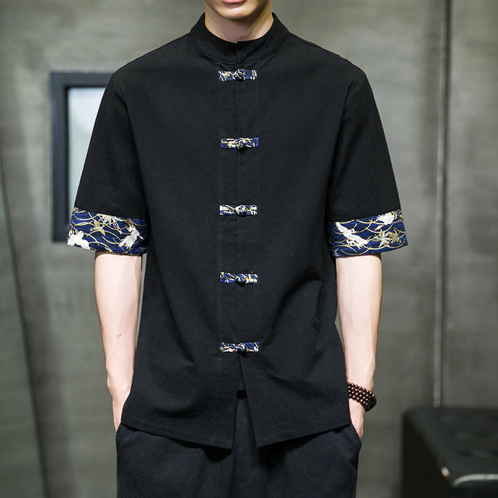 Camicia da uomo in cotone bianco a maniche corte con colletto rialzato, bottoni a rana Buddha Stones - Nero - US/UK/AU46, EU56 (5XL) - image 0