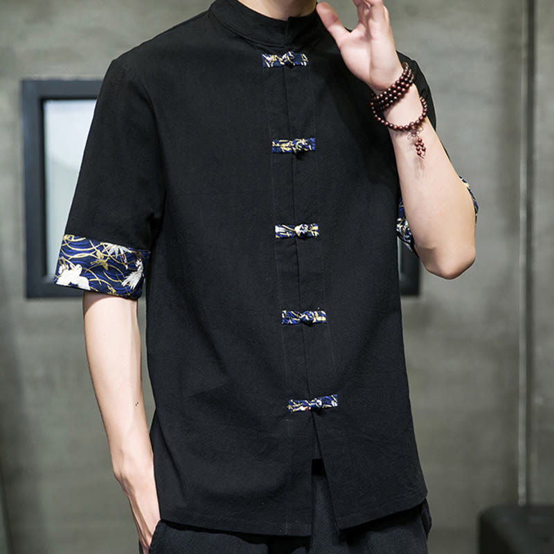 Camicia da uomo in cotone bianco a maniche corte con colletto rialzato, bottoni a rana Buddha Stones - image 4