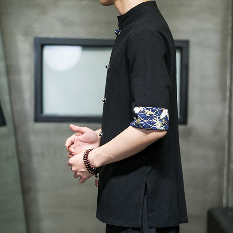 Camicia da uomo in cotone bianco a maniche corte con colletto rialzato, bottoni a rana Buddha Stones - image 6