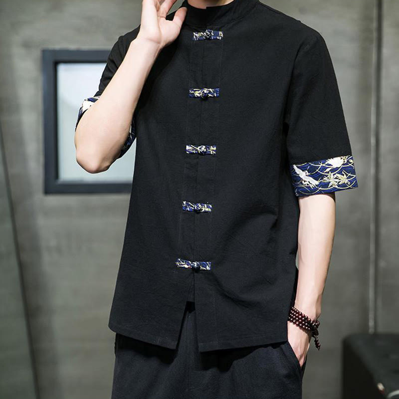 Camicia da uomo in cotone bianco a maniche corte con colletto rialzato, bottoni a rana Buddha Stones - image 2