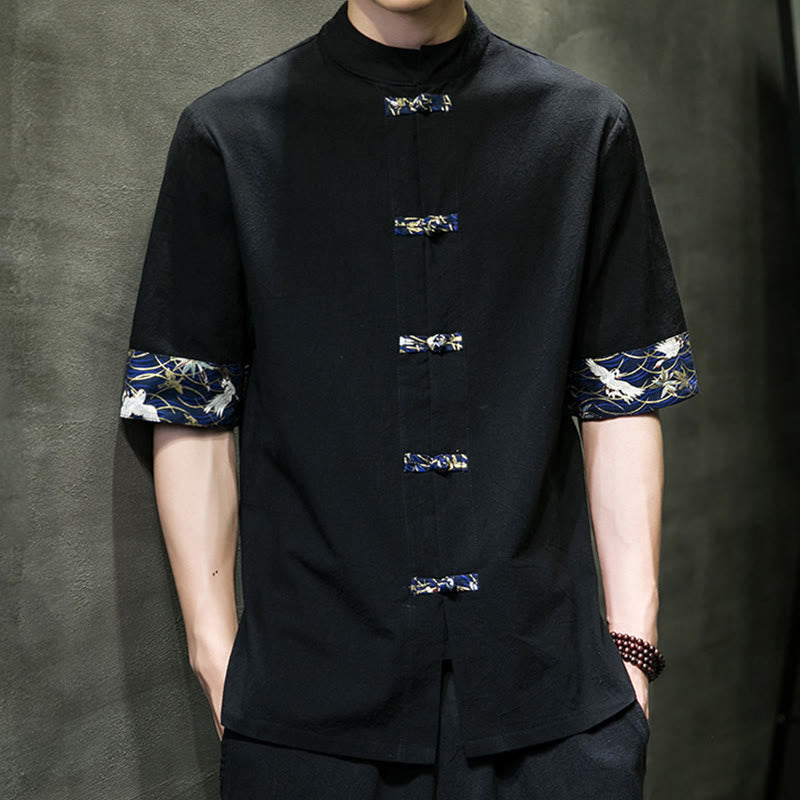 Camicia da uomo in cotone bianco a maniche corte con colletto rialzato, bottoni a rana Buddha Stones - image 1