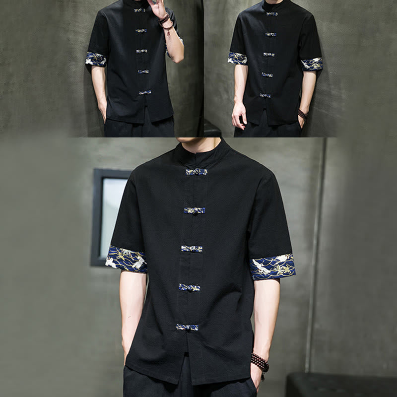 Camicia da uomo in cotone bianco a maniche corte con colletto rialzato, bottoni a rana Buddha Stones - image 8