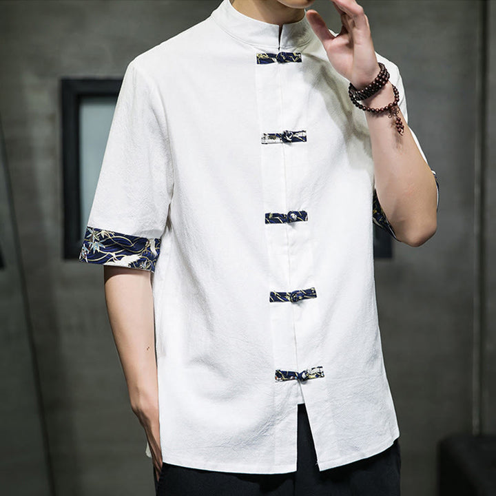 Camicia da uomo in cotone bianco a maniche corte con colletto rialzato, bottoni a rana Buddha Stones - image 10