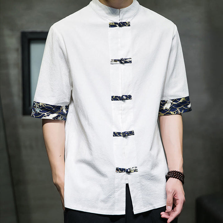 Camicia da uomo in cotone bianco a maniche corte con colletto rialzato, bottoni a rana Buddha Stones - image 11