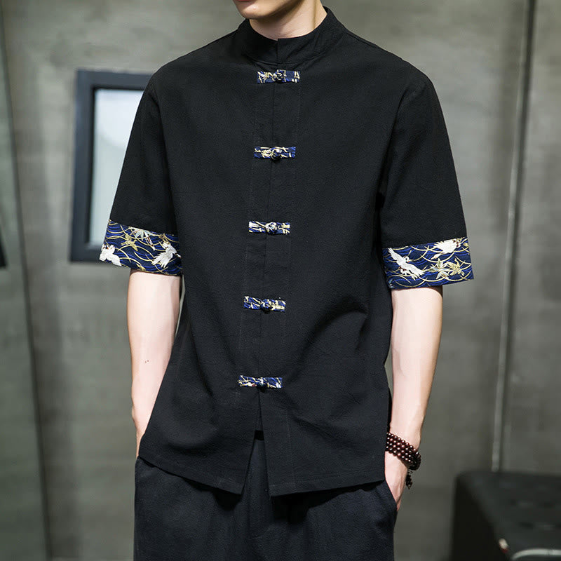 Camicia da uomo in cotone bianco a maniche corte con colletto rialzato, bottoni a rana Buddha Stones - image 5