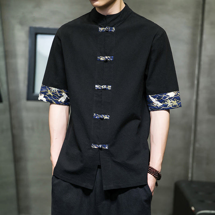 Camicia da uomo in cotone bianco a maniche corte con colletto rialzato, bottoni a rana Buddha Stones - image 5