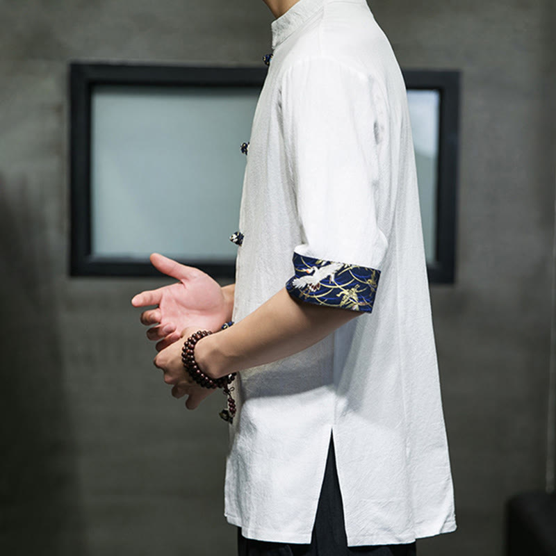 Camicia da uomo in cotone bianco a maniche corte con colletto rialzato, bottoni a rana Buddha Stones - image 14