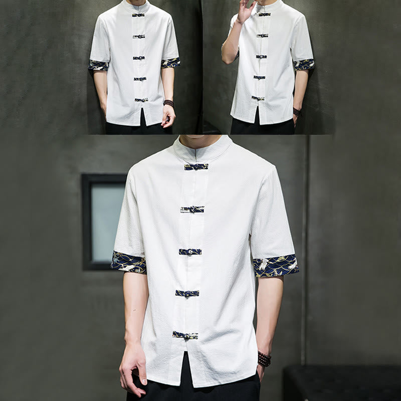 Camicia da uomo in cotone bianco a maniche corte con colletto rialzato, bottoni a rana Buddha Stones - image 15
