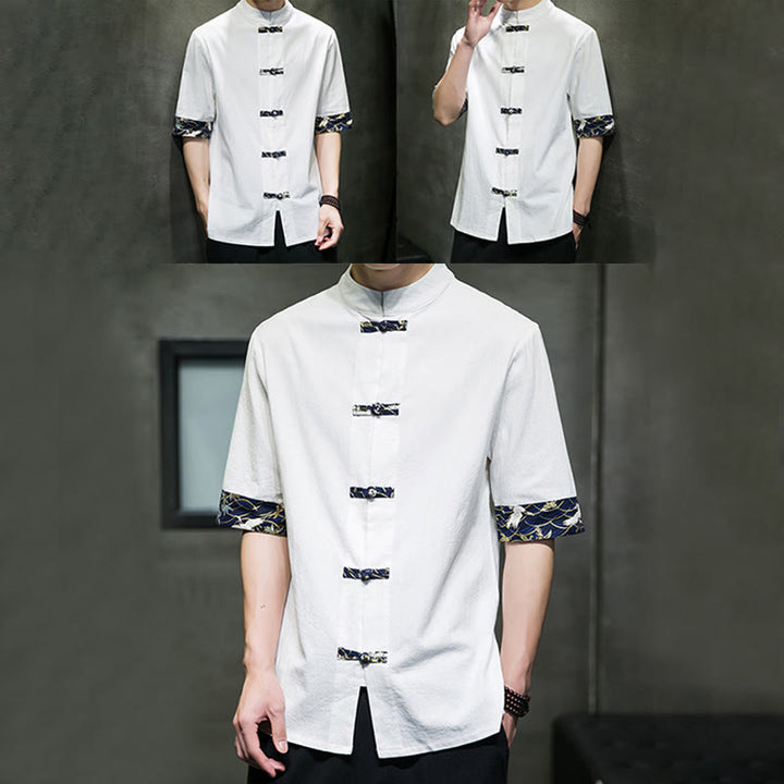 Camicia da uomo in cotone bianco a maniche corte con colletto rialzato, bottoni a rana Buddha Stones - image 15