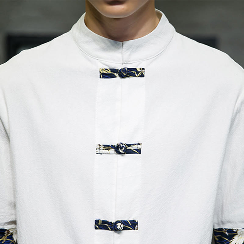 Camicia da uomo in cotone bianco a maniche corte con colletto rialzato, bottoni a rana Buddha Stones - image 16