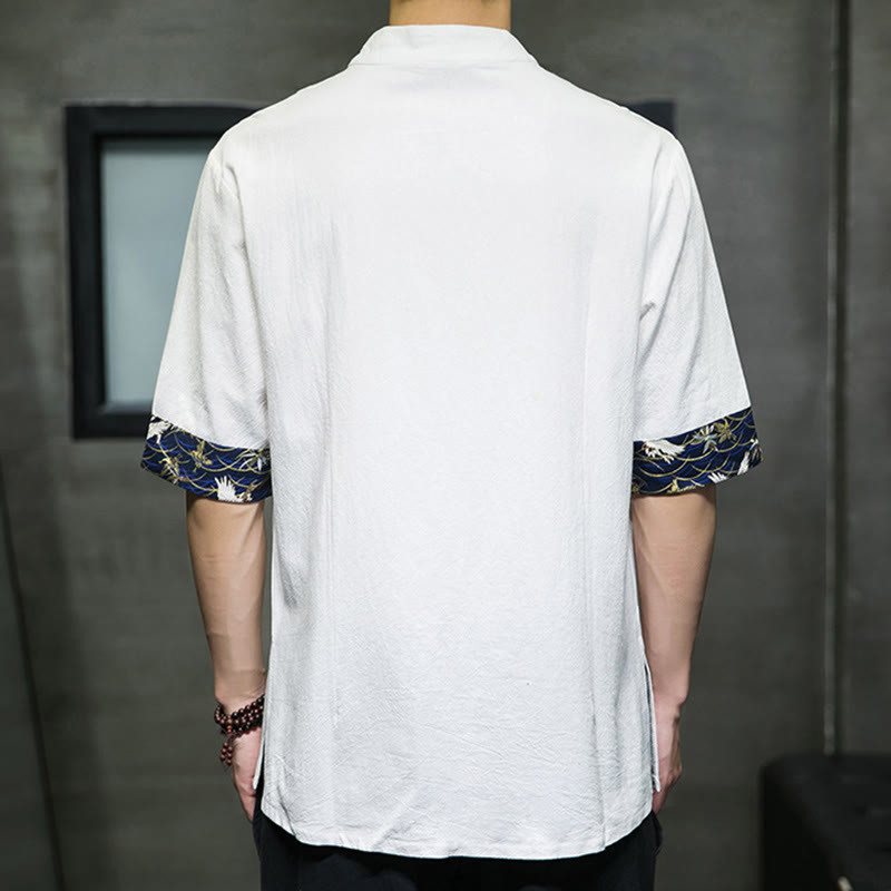 Camicia da uomo in cotone bianco a maniche corte con colletto rialzato, bottoni a rana Buddha Stones - image 12