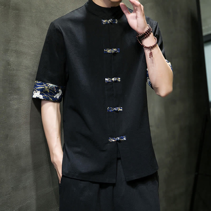 Camicia da uomo in cotone bianco a maniche corte con colletto rialzato, bottoni a rana Buddha Stones - image 7