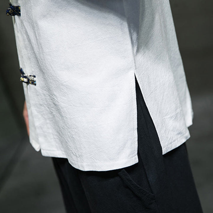 Camicia da uomo in cotone bianco a maniche corte con colletto rialzato, bottoni a rana Buddha Stones - image 18