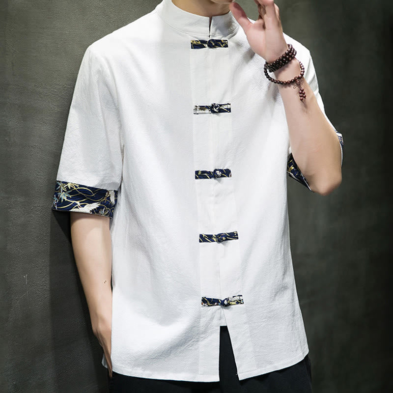 Camicia da uomo in cotone bianco a maniche corte con colletto rialzato, bottoni a rana Buddha Stones - image 13