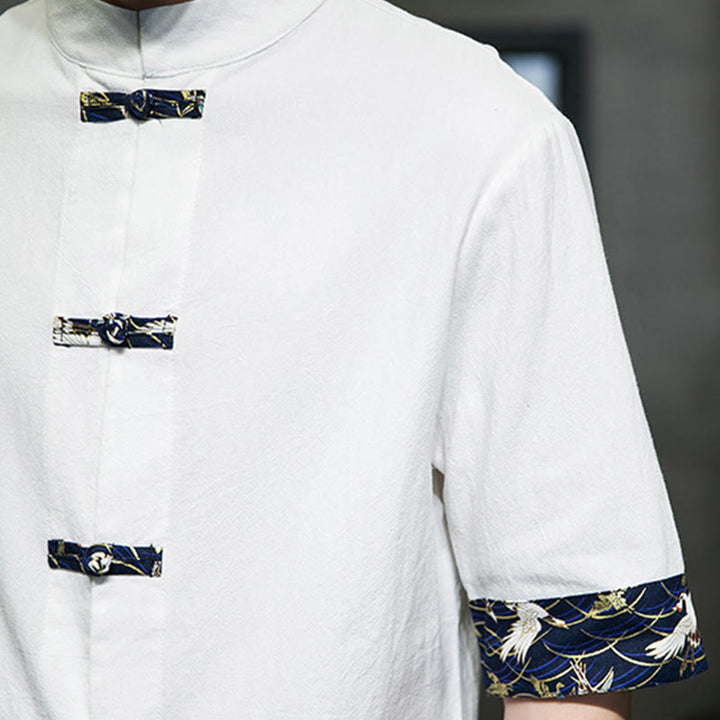 Camicia da uomo in cotone bianco a maniche corte con colletto rialzato, bottoni a rana Buddha Stones - image 17