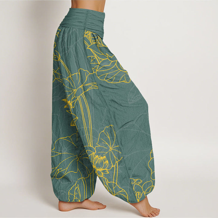 Pantaloni harem da donna con elastico in vita, in puro cotone, con motivo a boccioli di fiori di loto e foglie di baccello , Buddha Stones - image 2