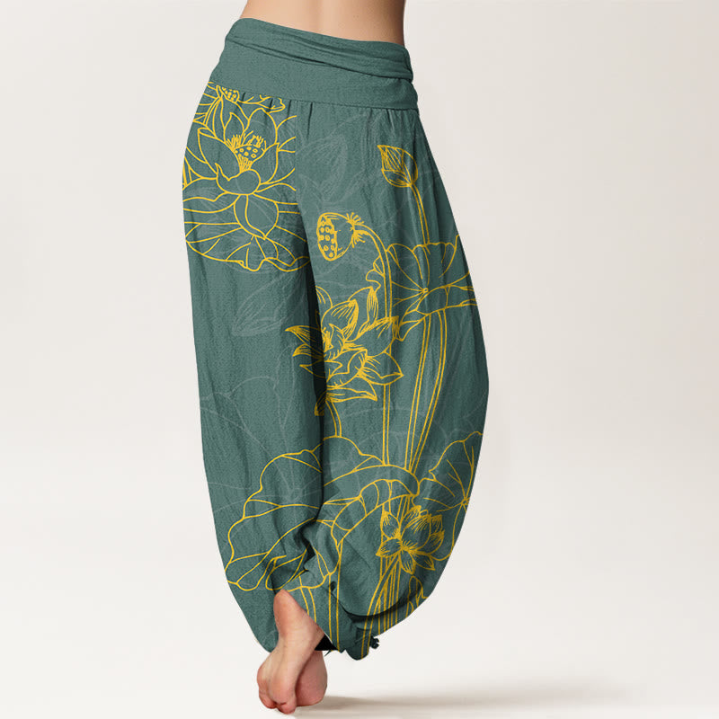 Pantaloni harem da donna con elastico in vita, in puro cotone, con motivo a boccioli di fiori di loto e foglie di baccello , Buddha Stones - image 1