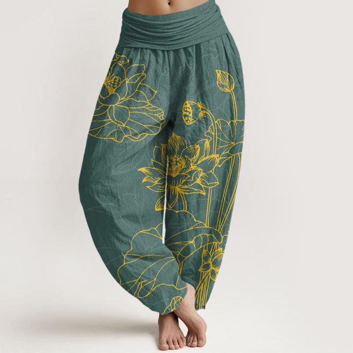 Pantaloni harem da donna con elastico in vita, in puro cotone, con motivo a boccioli di fiori di loto e foglie di baccello , Buddha Stones - Acquamarina media - US16, UK/AU20, EU48 (3XL) - image 0