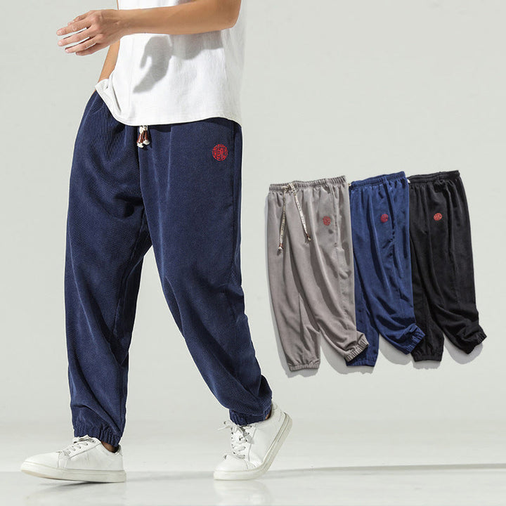 Pantaloni harem da uomo in velluto a coste con ricamo Buddha Stones Fall Plain con tasche - image 6